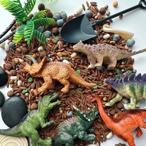 Può includere: Una collezione di dinosauri giocattolo di vari colori, tra cui verde, arancione e marrone, è disposta su un letto di riso integrale e piccole pietre. Una pala in miniatura e una palma sono anch'esse presenti, creando una scena preistorica giocosa.