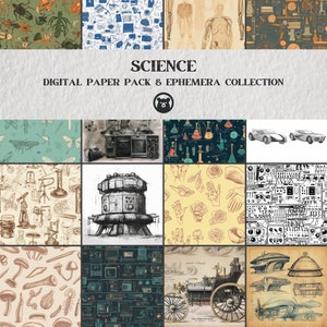 Könnte beinhalten: Ein digitales Papierpaket und eine Ephemera-Sammlung mit dem Titel "SCIENCE" und einem Bärenlogo. Die Sammlung umfasst 12 verschiedene Muster im Vintage-Stil mit Illustrationen von Insekten, Anatomie, Laborausrüstung, Autos, Robotern, Händen, Blumen, Schaltkreisen, Pilzen und mehr.