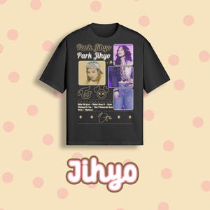 May include: Black t-shirt featuring images of Park Jihyo, with the text "Park Jihyo" and "Jihyo". The shirt includes a list of song titles and a signature graphic. The design is in a vintage style.