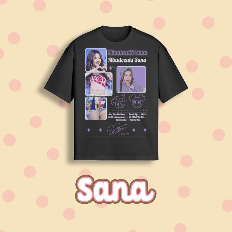 May include: Black t-shirt featuring images of Minatozaki Sana, with the text "Minatozaki Sana" in purple. The shirt includes a graphic of a cartoon character and the word "Sana" in a cursive font.