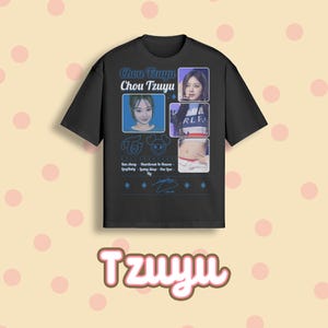 May include: Black t-shirt featuring images of Chou Tzuyu, with the text "Chou Tzuyu" and "Tzuyu". The shirt includes images and text related to the artist. The design is in blue and white.