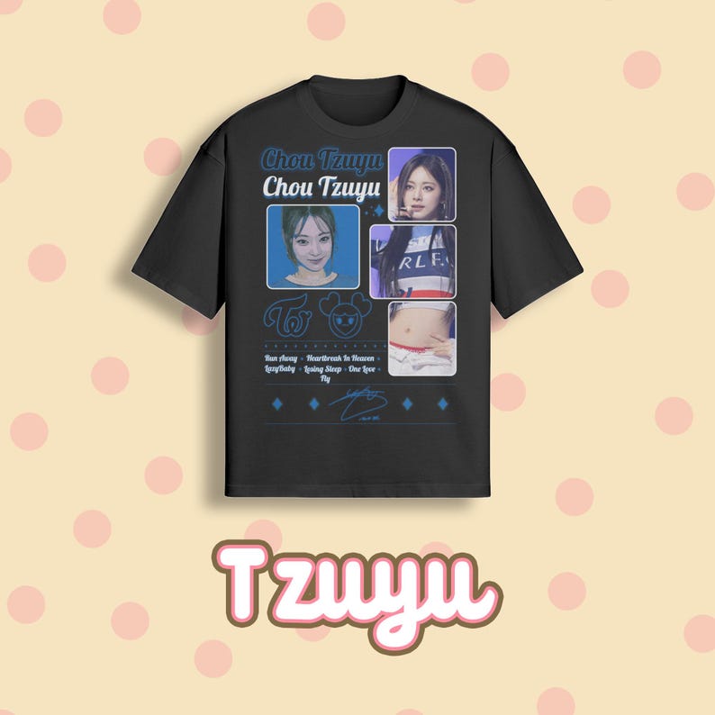 May include: Black t-shirt featuring images of Chou Tzuyu, with the text "Chou Tzuyu" and "Tzuyu". The shirt includes images and text related to the artist. The design is in blue and white.