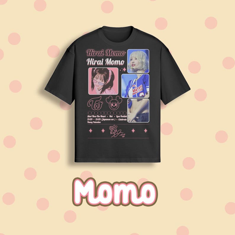 May include: Black t-shirt featuring a graphic design with the text "Hirai Momo" and images of a performer. The design includes pink accents, the group's logo, and a signature. The word "Momo" is displayed at the bottom.