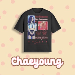 May include: Black t-shirt featuring three images of Son Chaeyoung, with the text "Son Chaeyoung" in red. The shirt also includes the group's logo and song titles in white and red. The shirt has a crew neck and short sleeves.