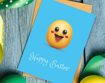 Happy Easter greeting card | Printable blue card | Funny chick emoji Easter card | Joke Easter card, Humorous Easter card  | 7x5'' | Blank