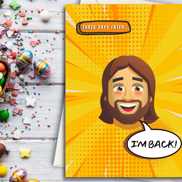 Quirky Easter card Jesus I'm back Easter card printable card light-hearted easter card icon Jesus Easter card comic style 7x5'' Blank