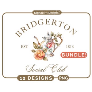 Può includere: Un logo di ispirazione vintage per un club sociale chiamato "Bridgerton Social Club" fondato nel 1813. Il logo presenta una teiera d'argento con un design floreale e una rosa rosa e arancione. Il testo "Bundle!" è in un riquadro rosso.