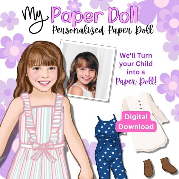 Printable Personalized Paper Doll | Digital Download | 6 Adorable Outfits, Shoes and Accessories | Customized Custom Gift | Unique Busy Book