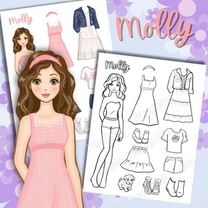 Printable "Molly" Paper Doll | 2 pages | Full Color and Coloring Page | DIY Digital Download | Anime Style | Easy Girl Craft Gift