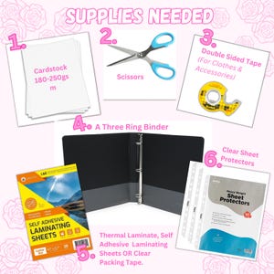 May include: A supplies needed guide featuring cardstock, scissors, double-sided tape, a three-ring binder, self-adhesive laminating sheets, and clear sheet protectors. The text includes labels for each item and instructions for assembly.