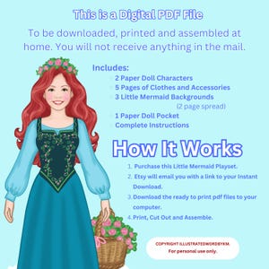 May include: Digital PDF file for a Little Mermaid paper doll playset. Includes paper doll characters, clothes, accessories, backgrounds, and instructions. Download, print, and assemble at home. The image shows a cartoon illustration of a mermaid with red hair and a basket of flowers.