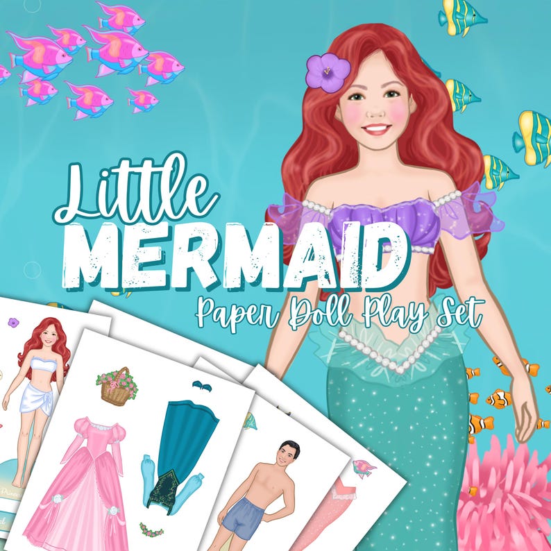 May include: A Little Mermaid paper doll play set featuring a red-haired mermaid with a purple flower in her hair. The set includes paper dolls and various outfits, including a pink gown and mermaid tail, with a turquoise background.