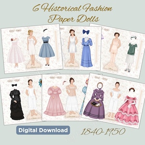 6 bambole di carta storiche stampabili / 1840-1950 / a colori / download digitale fai da te / regalo artigianale per ragazze d'epoca, periodo storico