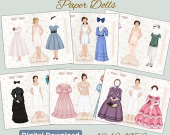 6 Printable Historical Fashion Paper Dolls | 1840-1950's | Full Color | DIY Digital Download | History Era, Period Girl Craft Gift