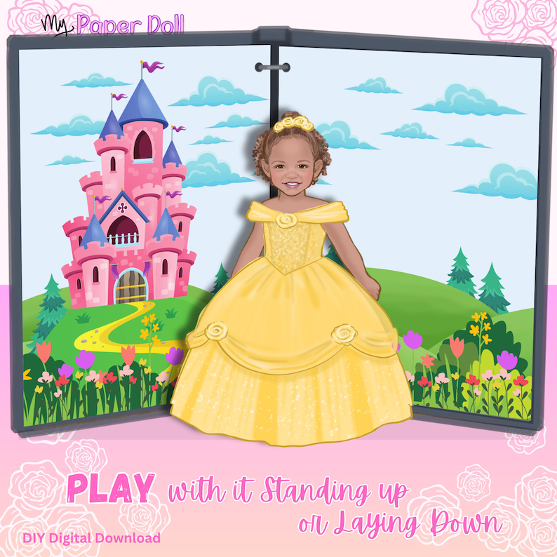 May include: A paper doll set featuring a character wearing a yellow off-the-shoulder ball gown with rose accents, positioned in front of a backdrop showing a pink castle, green hills, and flowers. The text reads My Paper Doll and PLAY with it Standing up or Laying Down.