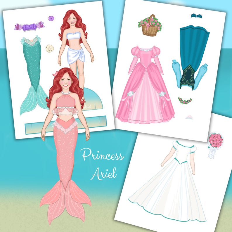 May include: Paper doll set featuring Princess Ariel with various outfits, including a mermaid tail, dresses, and accessories. The text "Princess Ariel" is visible on the image. The illustrations are in a cartoon style with bright colors.