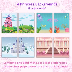 May include: Four princess backgrounds presented as two page spreads. The scenes include a pink castle on a hill, an underwater ocean view with a jellyfish, a snowy castle landscape, and an indoor palace ballroom with pink chairs and stairs.