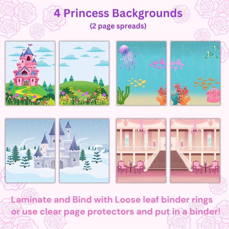 May include: Four princess backgrounds presented as two page spreads. The scenes include a pink castle on a hill, an underwater ocean view with a jellyfish, a snowy castle landscape, and an indoor palace ballroom with pink chairs and stairs.