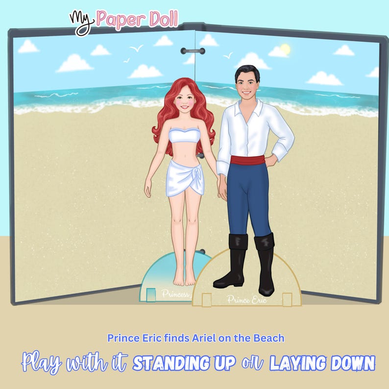 May include: A paper doll set featuring Ariel and Prince Eric on a beach scene. Ariel has red hair and a white top and skirt. Prince Eric wears a white shirt, blue pants, and black boots. The text reads "Prince Eric finds Ariel on the Beach."