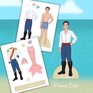 May include: Paper doll set featuring Prince Eric with various outfits, including a white shirt, blue pants, and a mermaid tail. The set includes accessories like boots and a red sash. The background is a light blue ocean scene.