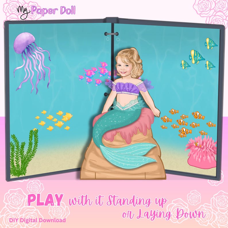 May include: A My Paper Doll digital download featuring a mermaid character with blonde hair and a teal tail sitting on a rock. The background shows an underwater scene with a purple jellyfish, green seaweed, a pink anemone, and various small fish.