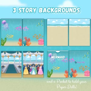 May include: A set of paper doll backgrounds with an underwater theme, a beach scene, and a palace scene. The text reads "3 Story Backgrounds" and "Little Mermaid Paper Doll Booklet". Includes a pocket to hold paper dolls.