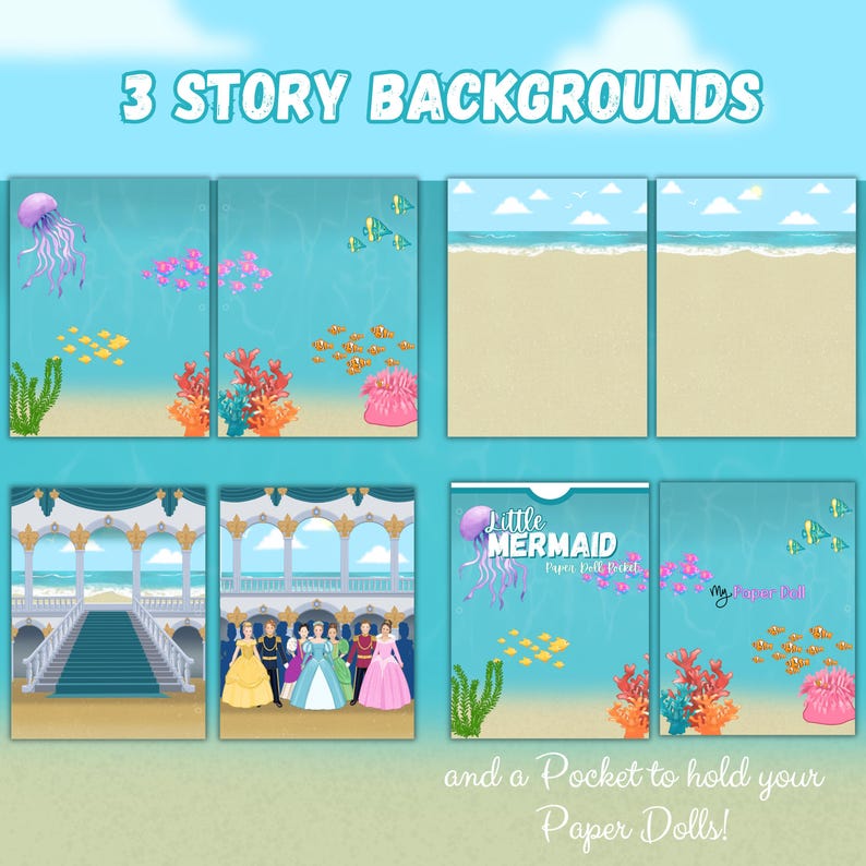 May include: A set of paper doll backgrounds with an underwater theme, a beach scene, and a palace scene. The text reads "3 Story Backgrounds" and "Little Mermaid Paper Doll Booklet". Includes a pocket to hold paper dolls.
