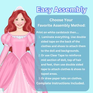 May include: A digital illustration of a doll in a pink gown with a tiara. Text on the right side reads "Easy Assembly" and instructions for assembling the doll. The doll has red hair and a smiling face. The background is light blue.