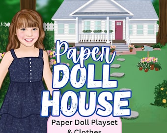 May include: A digital download paper doll playset featuring a cartoon girl in a navy blue dress standing in front of a white house with a red door. The text reads Digital Download, Paper Doll House, Paper Doll Playset & Clothes, My Paper Doll.
