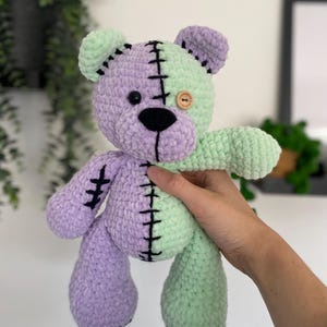 May include: A crocheted plush toy bear with a green and purple body, black stitching, and a wooden button eye.