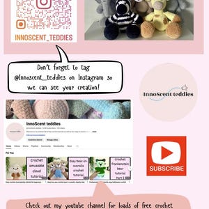 Op de afbeelding: Promotieafbeelding voor Innoscent_teddies met gehaakte dieren: zebra, leeuw, giraf en olifant. Bevat een QR-code, Instagram- en YouTube-informatie en een 'Abonneren'-knop. Tekst moedigt aan om creaties te delen.