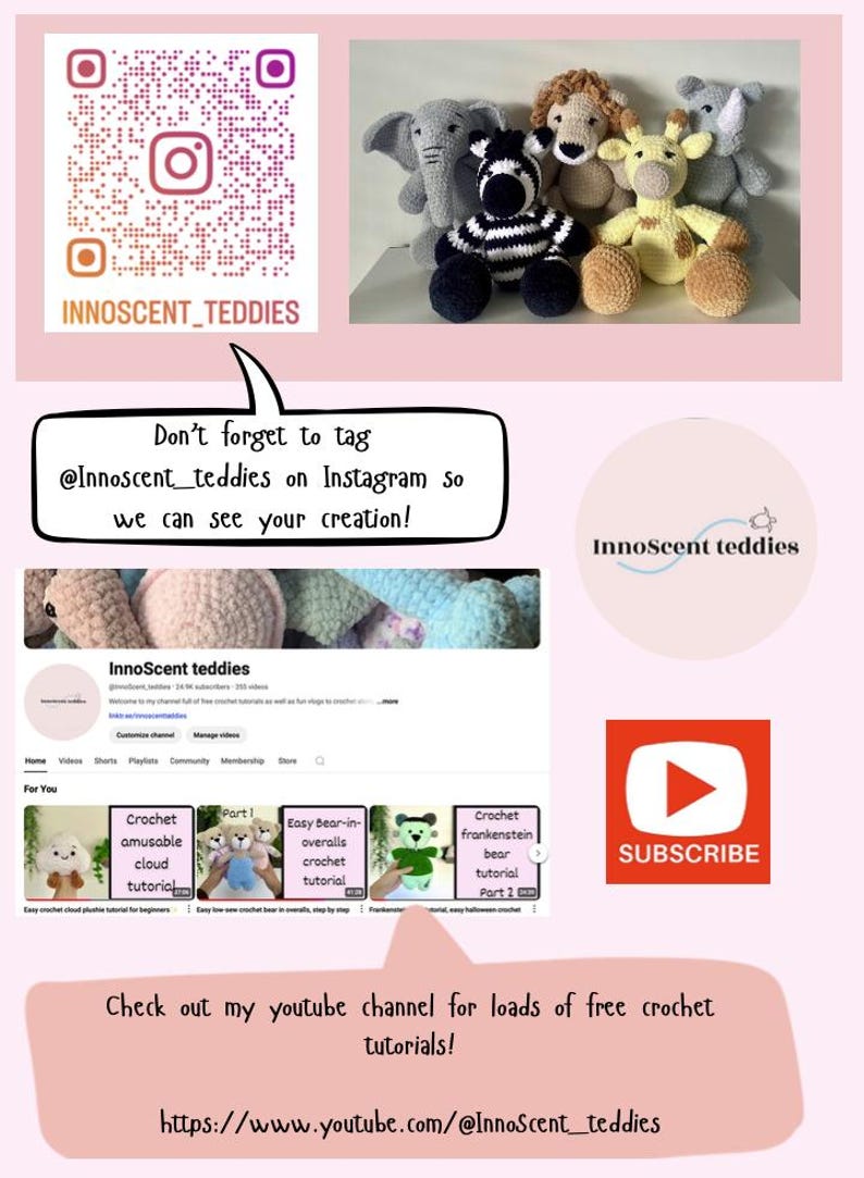 Op de afbeelding: Promotieafbeelding voor Innoscent_teddies met gehaakte dieren: zebra, leeuw, giraf en olifant. Bevat een QR-code, Instagram- en YouTube-informatie en een 'Abonneren'-knop. Tekst moedigt aan om creaties te delen.