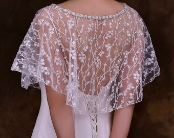 Embroidered Flower with Sequins Bridal Cape, Bridal Shawl, Bridal Coverup, Bridal Poncho, Mesh Lace Cape
