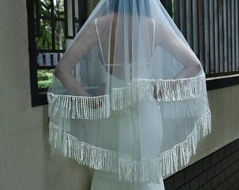 Romantic Two-Tier Fingertip Length Tassel Veil