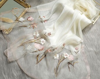 Delicately Embroidered Silk Scarf for Wedding Guest, Bridal Shawl, Cover up, Special Occasion Wrap - Tulips - #AegeanS103