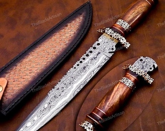 CUCHILLO DE CAZA DE DAMASCO, Cuchillo de Damasco personalizado, Forjado a mano, Cuchillo de acero de Damasco, Espaciador de protección de latón, Cuchillo Bowie El mejor regalo para él y ella