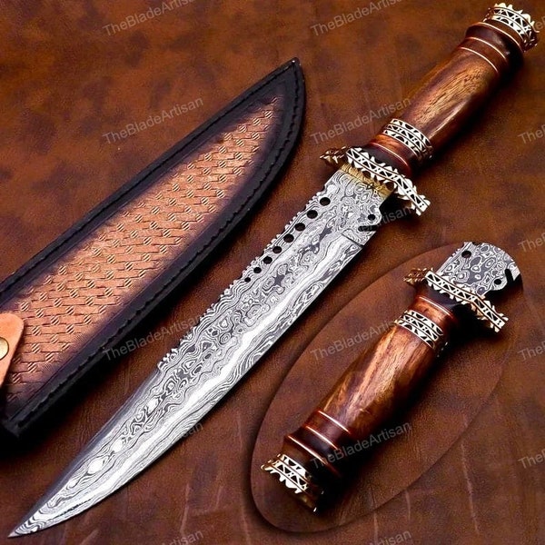 DAMASCUS HUNTING KNIFE, Custom Damascus knife, Hand forged, Damascus steel knife, Brass Guard Spacer, Bowie knife Best Gift For Him Her