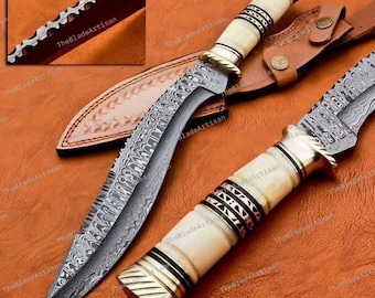 DAMASCUS HUNTING KNIFE, Custom Damascus knife, Hand forged, Damascus steel knife, Brass Guard Spacer, Bowie knife Best Gift For Him Her