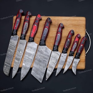 Handmade kitchen knife, chef knife set with sheath ,8pcs  chef set, Damascus steel chef knife, best anniversary and Christmas gift for him