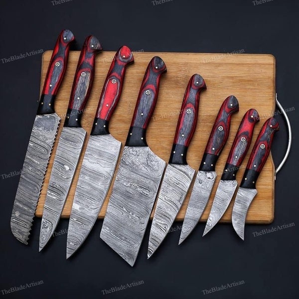 Couteau de cuisine fait main, ensemble de couteaux de chef avec étui, ensemble de 7 pièces, couteau de chef en acier damas, meilleur cadeau d'anniversaire et de Noël pour lui