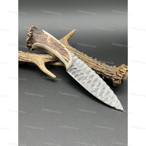 Custom Handmade Damascus Steel Hand Forged Antler Knife, Crown Stag Handle Knife, Stag Horn Handle Full Tang Hunting Knife, Christmas Gift