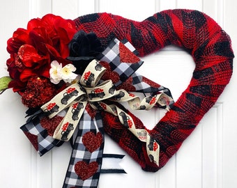 Buffalo plaid valentine heart, red black heart wreath, heart floral wreath, rustic heart wreath, floral heart wreath,valentine gift