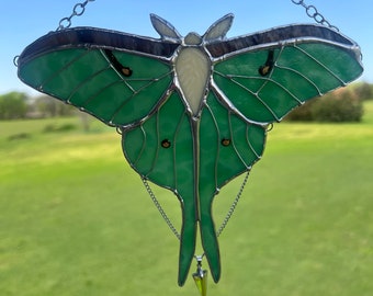 Luna Moth stained glass hand painted window hanging