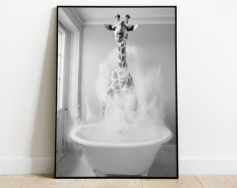 Impression girafe dans la baignoire, girafe dans les toilettes, impression de salle de bain pour enfants, animal dans la baignoire, impression girafe dans la baignoire, art numérique