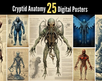 25 Cryptid Anatomy Posters | Digital Download | Loch Ness, Cthulhu, Wendigo Poster, Big Foot Monster, Werewolf Anatomical Poster