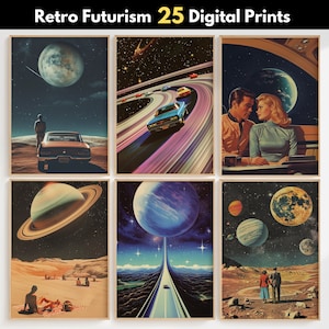 May include: A set of 25 digital prints featuring retro futuristic artwork. The prints depict scenes of space travel, planets, and futuristic cars. The artwork is in a collage style, with different elements layered on top of each other. The colors are bright and vibrant, and the overall style is whimsical and playful.