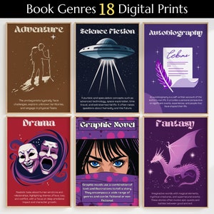Buchgenre Poster Set mit 18 DIGITALEN Downloads, Klassenzimmerdekor, Bibliotheksdekor, Buchliebhaber, Buchdrucke, literarische Genres-Druckset