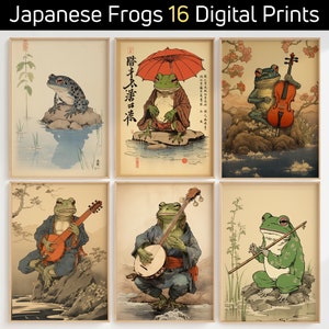 Japanischer Froschdruck, Set von 16 Froschdrucken, Vintage Froschdrucke, Froschdruck-Set, Retro Poster, Froschdekor, Ukiyo-e-Froschdruck, digitale Kunst