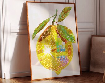 Stampa artistica di limone da discoteca, limone palla da discoteca glam, poster da parete, frutta da discoteca, frutta palla da discoteca, rosa giallo, download istantaneo, STAMPABILE