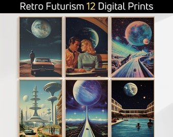 Retro Futurism Bundle | Vintage Futurism Posters Set of 12 | Sci-Fi Art | Space Print | Retro Futuristic PNG | Cosmic Art | Digital Art